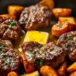 A close-up view of juicy steak bites cooked to perfection with golden brown potatoes, garnished with fresh herbs and a pat of melting butter in a skillet.