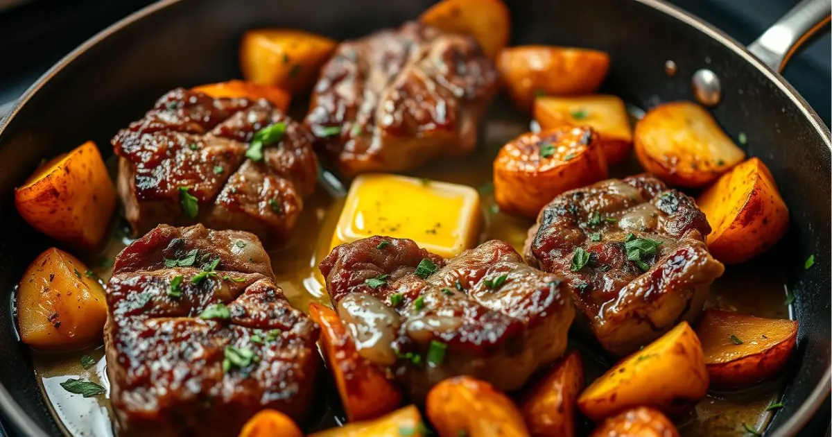 A close-up view of juicy steak bites cooked to perfection with golden brown potatoes, garnished with fresh herbs and a pat of melting butter in a skillet.