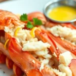 Freshly cooked lobster meat, tender and juicy, served with melted butter and lemon wedges on a white plate.