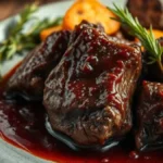 Braised beef cheeks served on a plate with rich red wine sauce, mashed potatoes, and fresh herbs.