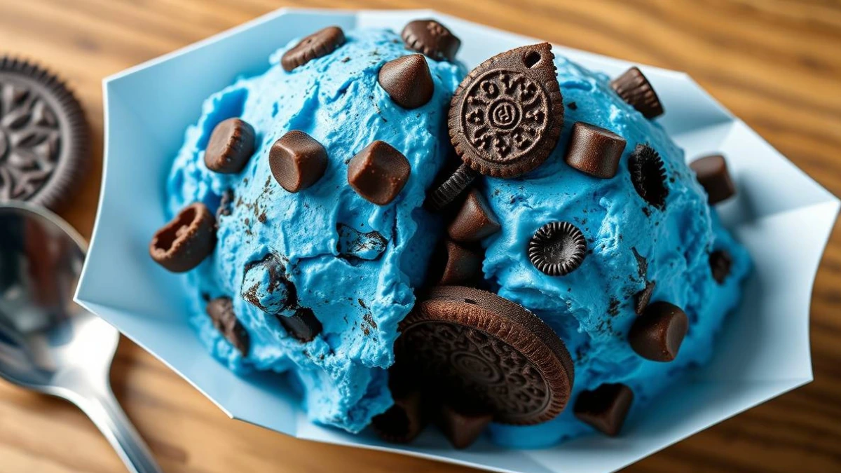 Bright blue Cookie Monster ice cream loaded with chocolate chip cookies and cookie crumbles, served in a cone with googly candy eyes on top.