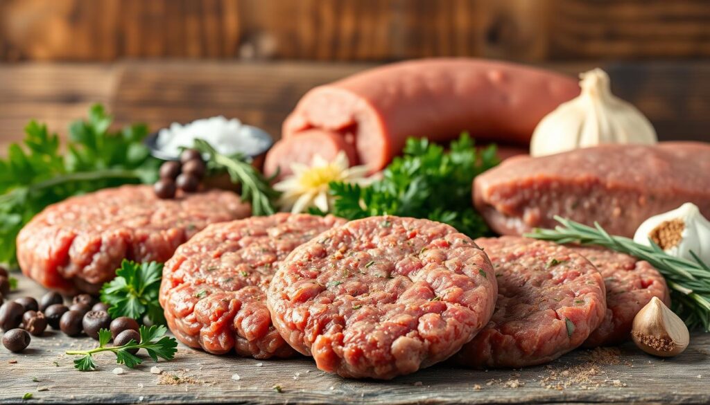A bountiful arrangement of the finest beef sausage ingredients, meticulously crafted against a rustic wooden backdrop. In the foreground, a succulent ground beef patty, seasoned with a blend of aromatic spices, sits alongside coarse-ground pork sausage, glistening with natural fats. In the middle, an assortment of freshly chopped herbs, including fragrant parsley, thyme, and rosemary, add depth and complexity. The background features a scattering of whole peppercorns, a sprinkle of sea salt, and a touch of garlic, all bathed in warm, golden lighting that casts a inviting glow. This image captures the essence of the ultimate beef sausage recipe, beckoning the viewer to indulge in its homemade, mouthwatering goodness. A bountiful arrangement of the finest beef sausage ingredients, meticulously crafted against a rustic wooden backdrop. In the foreground, a succulent ground beef patty, seasoned with a blend of aromatic spices, sits alongside coarse-ground pork sausage, glistening with natural fats. In the middle, an assortment of freshly chopped herbs, including fragrant parsley, thyme, and rosemary, add depth and complexity. The background features a scattering of whole peppercorns, a sprinkle of sea salt, and a touch of garlic, all bathed in warm, golden lighting that casts a inviting glow. This image captures the essence of the ultimate beef sausage recipe, beckoning the viewer to indulge in its homemade, mouthwatering goodness.