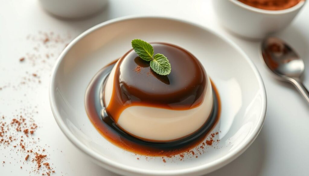 A close-up shot of a delicate espresso panna cotta dessert, artfully plated on a white ceramic dish. The smooth, creamy custard has a rich, dark espresso hue, with a glossy sheen that reflects the soft, directional lighting from above. Delicate sprigs of fresh mint and a light dusting of cocoa powder add a touch of freshness and contrast to the decadent treat. The background is a clean, minimalist white, allowing the panna cotta to take center stage. The image is captured with a shallow depth of field, gently blurring the edges and creating a sense of elegant simplicity. A close-up shot of a delicate espresso panna cotta dessert, artfully plated on a white ceramic dish. The smooth, creamy custard has a rich, dark espresso hue, with a glossy sheen that reflects the soft, directional lighting from above. Delicate sprigs of fresh mint and a light dusting of cocoa powder add a touch of freshness and contrast to the decadent treat. The background is a clean, minimalist white, allowing the panna cotta to take center stage. The image is captured with a shallow depth of field, gently blurring the edges and creating a sense of elegant simplicity.