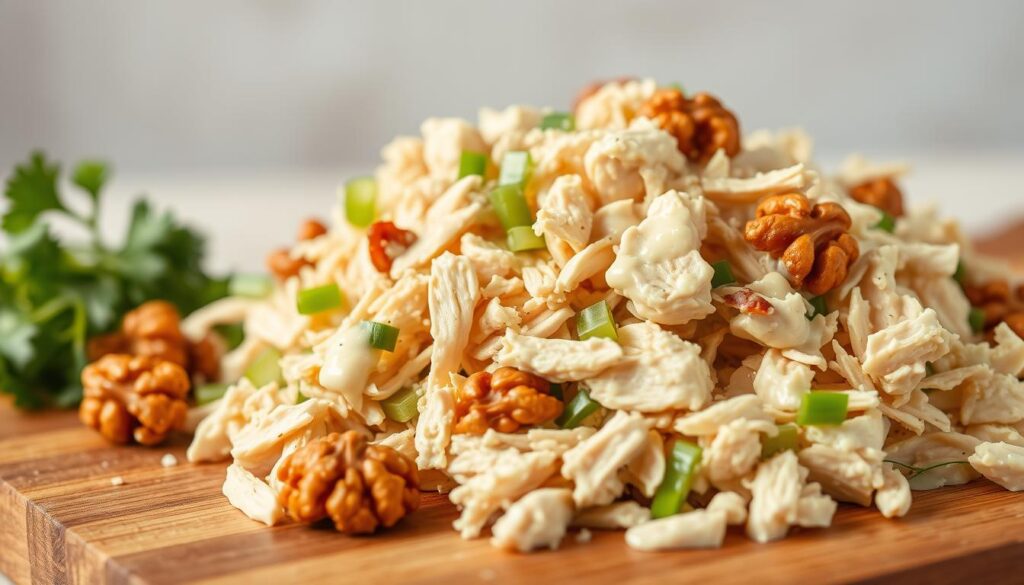 A close-up view of a hearty chicken salad, composed of tender shredded chicken, crisp celery, crunchy walnuts, and creamy mayonnaise dressing. The salad is artfully arranged on a wooden cutting board, with a soft, natural lighting illuminating the various textures and colors. In the background, a gentle gradient of soft, muted hues creates a calming and inviting atmosphere. The image conveys the nutritional value and health benefits of this simple, yet delicious, chicken salad recipe. A close-up view of a hearty chicken salad, composed of tender shredded chicken, crisp celery, crunchy walnuts, and creamy mayonnaise dressing. The salad is artfully arranged on a wooden cutting board, with a soft, natural lighting illuminating the various textures and colors. In the background, a gentle gradient of soft, muted hues creates a calming and inviting atmosphere. The image conveys the nutritional value and health benefits of this simple, yet delicious, chicken salad recipe.