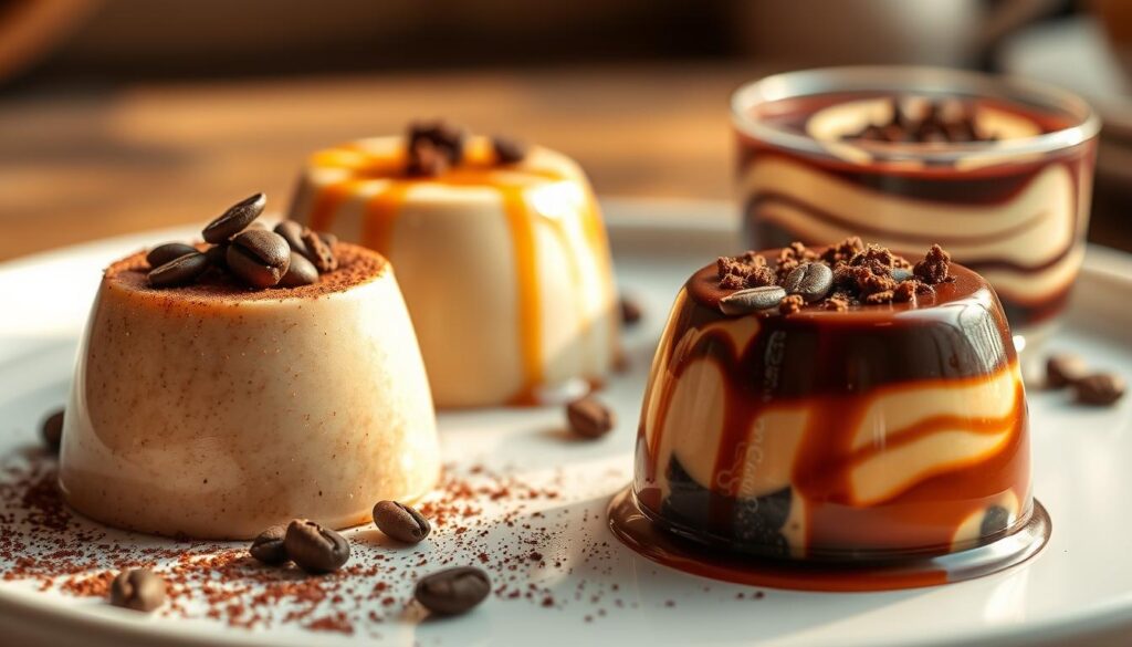 A delectable trio of coffee panna cotta variations, each a decadent delight. In the foreground, a rich, velvety panna cotta infused with bold espresso notes, garnished with a dusting of cocoa powder. To the side, a silky panna cotta flecked with shreds of aromatic coffee beans, drizzled with a glossy caramel sauce. In the background, a vibrant panna cotta layered with swirls of coffee-tinged gelatine, topped with a sprinkling of crunchy coffee crumbs. The scene is bathed in a warm, golden light, casting a cozy, inviting ambiance. Captured with a shallow depth of field, drawing the eye to the delicate textures and flavors of these irresistible coffee-infused delights. A delectable trio of coffee panna cotta variations, each a decadent delight. In the foreground, a rich, velvety panna cotta infused with bold espresso notes, garnished with a dusting of cocoa powder. To the side, a silky panna cotta flecked with shreds of aromatic coffee beans, drizzled with a glossy caramel sauce. In the background, a vibrant panna cotta layered with swirls of coffee-tinged gelatine, topped with a sprinkling of crunchy coffee crumbs. The scene is bathed in a warm, golden light, casting a cozy, inviting ambiance. Captured with a shallow depth of field, drawing the eye to the delicate textures and flavors of these irresistible coffee-infused delights.