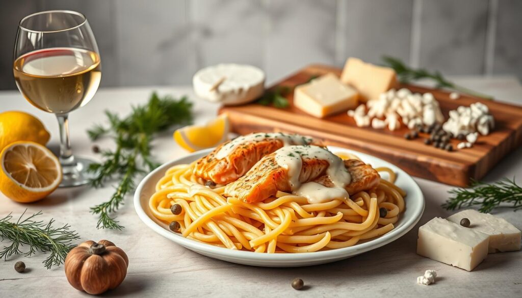 A delightful still life showcasing a selection of vibrant ingredients for a gourmet salmon pasta dish. In the foreground, a plate of freshly cooked salmon fillets rests atop a bed of al dente penne pasta, drizzled with a creamy lemon-dill sauce. Surrounding the plate, an array of complementary elements: a glass of crisp white wine, a wedge of lemon, fresh sprigs of dill, and a scattering of capers. In the middle ground, a wooden board displays a variety of artisanal cheeses, such as crumbled feta and shavings of Parmesan. The background features a neutral, softly-lit kitchen setting, hinting at the comforting and elegant atmosphere of the culinary creation. Warm, natural lighting casts a gentle glow, enhancing the vibrant colors and textures of the ingredients. A delightful still life showcasing a selection of vibrant ingredients for a gourmet salmon pasta dish. In the foreground, a plate of freshly cooked salmon fillets rests atop a bed of al dente penne pasta, drizzled with a creamy lemon-dill sauce. Surrounding the plate, an array of complementary elements: a glass of crisp white wine, a wedge of lemon, fresh sprigs of dill, and a scattering of capers. In the middle ground, a wooden board displays a variety of artisanal cheeses, such as crumbled feta and shavings of Parmesan. The background features a neutral, softly-lit kitchen setting, hinting at the comforting and elegant atmosphere of the culinary creation. Warm, natural lighting casts a gentle glow, enhancing the vibrant colors and textures of the ingredients.