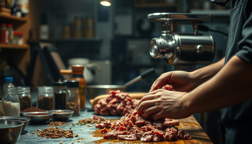 A dimly lit industrial kitchen, the countertop illuminated by warm, soft lighting. In the foreground, a skilled butcher's hands skillfully manipulate freshly ground beef, expertly seasoning and stuffing it into a sausage casing. The middle ground reveals an array of spices, herbs, and other sausage-making tools, meticulously organized. In the background, a vintage meat grinder stands ready, its shiny chrome surface catching the light. The atmosphere is one of focused concentration, with a hint of the aroma of sizzling meat wafting through the air, capturing the essence of the traditional art of beef sausage making. A dimly lit industrial kitchen, the countertop illuminated by warm, soft lighting. In the foreground, a skilled butcher's hands skillfully manipulate freshly ground beef, expertly seasoning and stuffing it into a sausage casing. The middle ground reveals an array of spices, herbs, and other sausage-making tools, meticulously organized. In the background, a vintage meat grinder stands ready, its shiny chrome surface catching the light. The atmosphere is one of focused concentration, with a hint of the aroma of sizzling meat wafting through the air, capturing the essence of the traditional art of beef sausage making.
