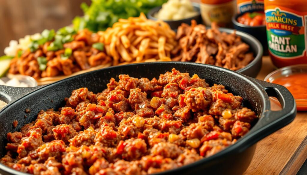 A mouthwatering array of authentic Mexican taco meat variations, meticulously prepared with vibrant spices and simmered to perfection. In the foreground, a cast-iron skillet sizzles with tender, seasoned ground beef, its aroma wafting through the air. In the middle ground, shredded chicken in a rich, tomato-based sauce stands alongside a heap of earthy, slow-cooked carnitas. The background features a selection of toppings, including diced onions, chopped cilantro, and a vibrant array of salsas in varying degrees of heat. The lighting is warm and inviting, casting a golden glow over the scene, while the composition is tight and focused, drawing the viewer's attention to the tantalizing array of taco meat options. A mouthwatering array of authentic Mexican taco meat variations, meticulously prepared with vibrant spices and simmered to perfection. In the foreground, a cast-iron skillet sizzles with tender, seasoned ground beef, its aroma wafting through the air. In the middle ground, shredded chicken in a rich, tomato-based sauce stands alongside a heap of earthy, slow-cooked carnitas. The background features a selection of toppings, including diced onions, chopped cilantro, and a vibrant array of salsas in varying degrees of heat. The lighting is warm and inviting, casting a golden glow over the scene, while the composition is tight and focused, drawing the viewer's attention to the tantalizing array of taco meat options.