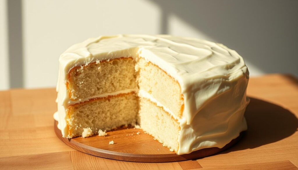 A mouthwatering white cake from scratch, nestled on a wooden surface. The cake's soft, fluffy texture is highlighted by a delicate crumb, with a rich, creamy vanilla frosting gently cascading down the sides. Soft natural lighting bathes the scene, casting warm shadows and accentuating the cake's pristine white hue. The composition is framed by a clean, minimalist backdrop, allowing the cake to take center stage. Subtle details, such as the fine grain of the wood and the subtle sheen of the frosting, add depth and texture to the image. The overall mood is one of simplicity, elegance, and the comforting allure of homemade baking. A mouthwatering white cake from scratch, nestled on a wooden surface. The cake's soft, fluffy texture is highlighted by a delicate crumb, with a rich, creamy vanilla frosting gently cascading down the sides. Soft natural lighting bathes the scene, casting warm shadows and accentuating the cake's pristine white hue. The composition is framed by a clean, minimalist backdrop, allowing the cake to take center stage. Subtle details, such as the fine grain of the wood and the subtle sheen of the frosting, add depth and texture to the image. The overall mood is one of simplicity, elegance, and the comforting allure of homemade baking.