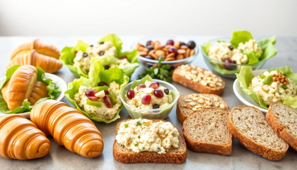 A neatly arranged spread of various creative serving suggestions for canned chicken salad. In the foreground, a selection of freshly baked croissants, crisp lettuce cups, and hearty whole-grain bread slices serve as the primary vessels. In the middle ground, an assortment of colorful garnishes, such as sliced grapes, chopped celery, and slivered almonds, adorn the canned chicken salad, adding a vibrant, appetizing touch. The background features a neutral, softly-lit kitchen counter, allowing the serving suggestions to take center stage. The overall scene exudes a sense of simplicity, freshness, and inviting elegance, perfectly complementing the "simple chicken salad recipe" theme. A neatly arranged spread of various creative serving suggestions for canned chicken salad. In the foreground, a selection of freshly baked croissants, crisp lettuce cups, and hearty whole-grain bread slices serve as the primary vessels. In the middle ground, an assortment of colorful garnishes, such as sliced grapes, chopped celery, and slivered almonds, adorn the canned chicken salad, adding a vibrant, appetizing touch. The background features a neutral, softly-lit kitchen counter, allowing the serving suggestions to take center stage. The overall scene exudes a sense of simplicity, freshness, and inviting elegance, perfectly complementing the "simple chicken salad recipe" theme.