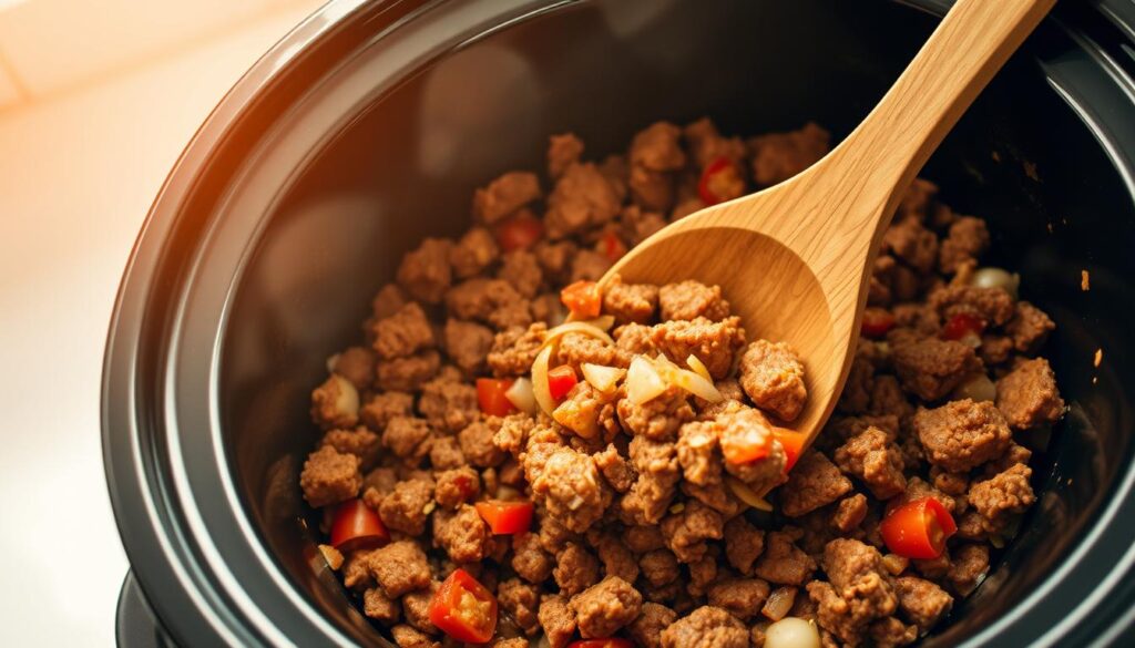 A slow cooker filled with a hearty, simmering taco meat mixture, the aroma of cumin, garlic, and chili spices wafting through the air. Ground beef seared to a deep brown, combined with diced tomatoes, onions, and a blend of Mexican seasonings, slowly breaking down into a rich, flavorful filling. The scene is bathed in warm, soft lighting, casting a cozy glow over the scene. In the foreground, a wooden spoon dips into the slow cooker, the meat glistening with juices. In the background, a plain white kitchen counter provides a simple, uncluttered backdrop, allowing the star of the show - the taco meat - to shine. The overall mood is one of comfort, nourishment, and the promise of a delicious, hassle-free weeknight meal. A slow cooker filled with a hearty, simmering taco meat mixture, the aroma of cumin, garlic, and chili spices wafting through the air. Ground beef seared to a deep brown, combined with diced tomatoes, onions, and a blend of Mexican seasonings, slowly breaking down into a rich, flavorful filling. The scene is bathed in warm, soft lighting, casting a cozy glow over the scene. In the foreground, a wooden spoon dips into the slow cooker, the meat glistening with juices. In the background, a plain white kitchen counter provides a simple, uncluttered backdrop, allowing the star of the show - the taco meat - to shine. The overall mood is one of comfort, nourishment, and the promise of a delicious, hassle-free weeknight meal.