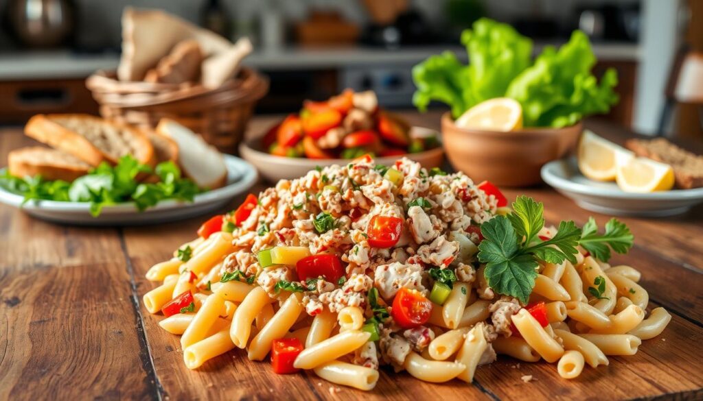 A sumptuous and vibrant tuna macaroni salad spread out on a rustic wooden table, with a soft, natural lighting illuminating the scene. In the foreground, the salad is neatly arranged, showcasing the tender pasta, flaked tuna, and a colorful medley of diced vegetables. The middle ground features a selection of complementary pairings, such as crusty artisanal bread, crisp lettuce leaves, and lemon wedges, inviting the viewer to imagine various serving suggestions. In the background, a subtle, out-of-focus backdrop of a cozy kitchen or dining area sets the stage for this appetizing and versatile dish. A sumptuous and vibrant tuna macaroni salad spread out on a rustic wooden table, with a soft, natural lighting illuminating the scene. In the foreground, the salad is neatly arranged, showcasing the tender pasta, flaked tuna, and a colorful medley of diced vegetables. The middle ground features a selection of complementary pairings, such as crusty artisanal bread, crisp lettuce leaves, and lemon wedges, inviting the viewer to imagine various serving suggestions. In the background, a subtle, out-of-focus backdrop of a cozy kitchen or dining area sets the stage for this appetizing and versatile dish.