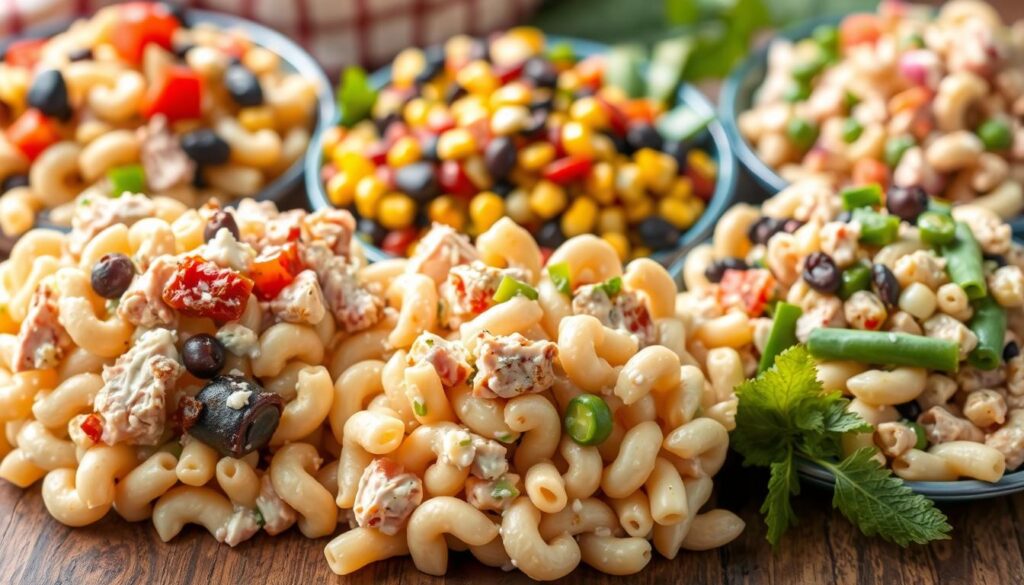 A vibrant assortment of tuna macaroni salad variations, each with its own distinctive twist. In the foreground, a classic tuna macaroni salad with tender elbow pasta, chunks of flaky tuna, crisp celery, and a creamy dressing. Surrounding it, artfully arranged variations - a zesty Mediterranean version with olives, feta, and sun-dried tomatoes, a spicy Southwestern salad with corn, black beans, and a smoky chipotle dressing, and a fresh and herbal tuna salad with peas, dill, and lemon. Soft, natural lighting illuminates the colorful compositions, while a blurred background hints at a casual, picnic-style setting. The overall mood is one of culinary creativity and mouthwatering deliciousness. A vibrant assortment of tuna macaroni salad variations, each with its own distinctive twist. In the foreground, a classic tuna macaroni salad with tender elbow pasta, chunks of flaky tuna, crisp celery, and a creamy dressing. Surrounding it, artfully arranged variations - a zesty Mediterranean version with olives, feta, and sun-dried tomatoes, a spicy Southwestern salad with corn, black beans, and a smoky chipotle dressing, and a fresh and herbal tuna salad with peas, dill, and lemon. Soft, natural lighting illuminates the colorful compositions, while a blurred background hints at a casual, picnic-style setting. The overall mood is one of culinary creativity and mouthwatering deliciousness.
