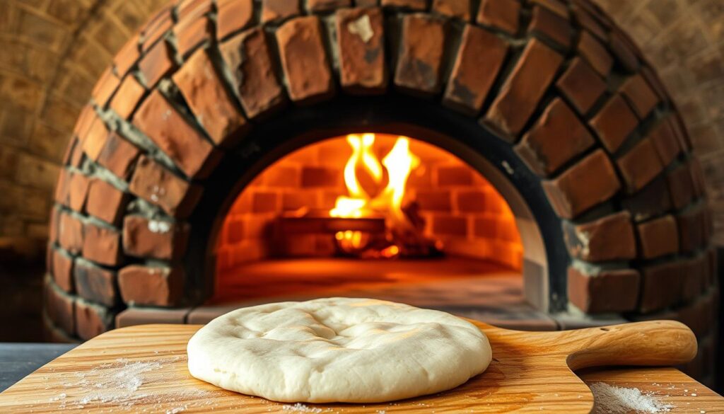 A wood-fired pizza oven set against a rustic Italian countryside backdrop. The oven's exterior is weathered brick, with a large opening and a vaulted dome ceiling. Warm, golden light spills from the oven's interior, casting a cozy glow and playing off the oven's textured surface. In the foreground, a hand-tossed pizza dough rests on a wooden peel, ready to be expertly slid into the blazing hot oven. The atmosphere is one of traditional craftsmanship, with a hint of delectable scents wafting through the air, inviting the viewer to step into an authentic Italian pizza-making experience. A wood-fired pizza oven set against a rustic Italian countryside backdrop. The oven's exterior is weathered brick, with a large opening and a vaulted dome ceiling. Warm, golden light spills from the oven's interior, casting a cozy glow and playing off the oven's textured surface. In the foreground, a hand-tossed pizza dough rests on a wooden peel, ready to be expertly slid into the blazing hot oven. The atmosphere is one of traditional craftsmanship, with a hint of delectable scents wafting through the air, inviting the viewer to step into an authentic Italian pizza-making experience.