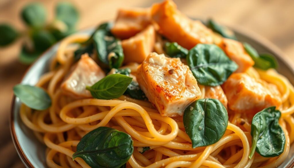 Delicate strands of al dente pasta, coated in a rich, creamy sauce, studded with tender chunks of succulent salmon and vibrant spinach leaves. The dish is lit from above, casting a warm, golden glow that highlights the textures and colors. The camera angle is slightly elevated, capturing the dish in a beautiful, appetizing composition. The atmosphere is serene and inviting, enticing the viewer to savor every bite of this nutritious and flavorful salmon spinach pasta. Delicate strands of al dente pasta, coated in a rich, creamy sauce, studded with tender chunks of succulent salmon and vibrant spinach leaves. The dish is lit from above, casting a warm, golden glow that highlights the textures and colors. The camera angle is slightly elevated, capturing the dish in a beautiful, appetizing composition. The atmosphere is serene and inviting, enticing the viewer to savor every bite of this nutritious and flavorful salmon spinach pasta.