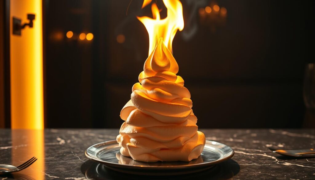 A beautifully crafted baked Alaska flambe, its golden meringue exterior illuminated by the dancing flames of flambéed brandy. In the foreground, the dessert sits atop a sleek, dark marble surface, casting a soft reflection. The background is dimly lit, with a warm, intimate atmosphere, creating a sense of drama and anticipation. The lighting is dramatic, casting dramatic shadows and highlights that accentuate the dessert's sculptural form. The camera angle is slightly low, emphasizing the towering, impressive nature of the baked Alaska. The mood is one of elegance, indulgence, and the theatricality of the flambéing process. A beautifully crafted baked Alaska flambe, its golden meringue exterior illuminated by the dancing flames of flambéed brandy. In the foreground, the dessert sits atop a sleek, dark marble surface, casting a soft reflection. The background is dimly lit, with a warm, intimate atmosphere, creating a sense of drama and anticipation. The lighting is dramatic, casting dramatic shadows and highlights that accentuate the dessert's sculptural form. The camera angle is slightly low, emphasizing the towering, impressive nature of the baked Alaska. The mood is one of elegance, indulgence, and the theatricality of the flambéing process.