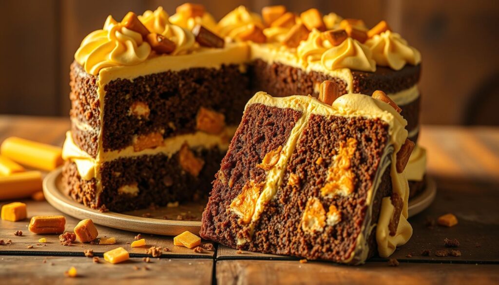 A beautifully layered butterfinger cake with a rich chocolate sponge, creamy buttercream frosting, and generous chunks of Butterfinger candy bars. The cake is placed on a rustic wooden table, bathed in warm, golden lighting that accentuates the cake's moist, crumbly texture and the shimmering caramel-colored candy pieces. In the foreground, a few scattered Butterfinger crumbs and a slice of the cake, revealing its cross-section. The middle ground showcases the entire cake, with its intricate swirls of buttercream and the crunchy Butterfinger pieces embedded throughout. The background is slightly blurred, creating a cozy, homey atmosphere, hinting at the delicious aroma and inviting the viewer to take a bite. A beautifully layered butterfinger cake with a rich chocolate sponge, creamy buttercream frosting, and generous chunks of Butterfinger candy bars. The cake is placed on a rustic wooden table, bathed in warm, golden lighting that accentuates the cake's moist, crumbly texture and the shimmering caramel-colored candy pieces. In the foreground, a few scattered Butterfinger crumbs and a slice of the cake, revealing its cross-section. The middle ground showcases the entire cake, with its intricate swirls of buttercream and the crunchy Butterfinger pieces embedded throughout. The background is slightly blurred, creating a cozy, homey atmosphere, hinting at the delicious aroma and inviting the viewer to take a bite.