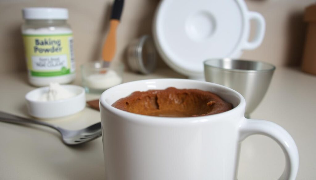 A brightly lit, close-up view of a ceramic mug filled with a freshly baked mug cake, surrounded by various troubleshooting elements. In the foreground, the mug showcases a slightly sunken, cracked, or uneven surface of the cake, indicating potential issues. In the middle ground, a set of common mug cake problem-solving tools are neatly arranged, such as a fork, spoon, baking powder, and a measurement cup. The background features a neutral, clean kitchen surface, allowing the mug and its accompanying elements to be the focal point. The overall scene conveys a sense of troubleshooting and problem-solving, with a warm, inviting atmosphere to guide the viewer through the process of addressing mug cake challenges. A brightly lit, close-up view of a ceramic mug filled with a freshly baked mug cake, surrounded by various troubleshooting elements. In the foreground, the mug showcases a slightly sunken, cracked, or uneven surface of the cake, indicating potential issues. In the middle ground, a set of common mug cake problem-solving tools are neatly arranged, such as a fork, spoon, baking powder, and a measurement cup. The background features a neutral, clean kitchen surface, allowing the mug and its accompanying elements to be the focal point. The overall scene conveys a sense of troubleshooting and problem-solving, with a warm, inviting atmosphere to guide the viewer through the process of addressing mug cake challenges.