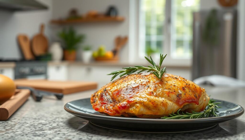 A carefully composed image of a baked chicken breast recipe. In the foreground, a juicy, golden-brown chicken breast sits on a plate, garnished with fresh rosemary sprigs and a sprinkle of flaky sea salt. The middle ground features a neutral-toned kitchen counter, with a few cooking utensils nearby. The background is a softly blurred view of a bright, airy kitchen, with natural light streaming in through large windows. The lighting is soft and even, creating a warm, appetizing atmosphere. Captured with a high-quality camera lens, this image conveys the delicious, homemade nature of the baked chicken breast recipe. A carefully composed image of a baked chicken breast recipe. In the foreground, a juicy, golden-brown chicken breast sits on a plate, garnished with fresh rosemary sprigs and a sprinkle of flaky sea salt. The middle ground features a neutral-toned kitchen counter, with a few cooking utensils nearby. The background is a softly blurred view of a bright, airy kitchen, with natural light streaming in through large windows. The lighting is soft and even, creating a warm, appetizing atmosphere. Captured with a high-quality camera lens, this image conveys the delicious, homemade nature of the baked chicken breast recipe.