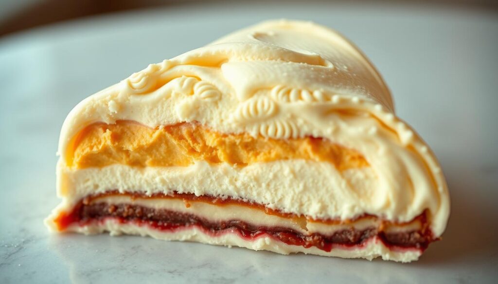A carefully sculpted ice cream layer, its smooth, creamy texture glistening under soft, warm lighting. The scoop reveals layers of different flavors, each one meticulously blended to create a harmonious symphony of tastes. The surface is adorned with delicate swirls and peaks, hinting at the decadence within. The image is captured from a slight overhead angle, allowing the viewer to appreciate the intricate details and the inviting depth of the frozen treat. The background is softly blurred, keeping the focus solely on the captivating ice cream layer, a true centerpiece of culinary artistry. A carefully sculpted ice cream layer, its smooth, creamy texture glistening under soft, warm lighting. The scoop reveals layers of different flavors, each one meticulously blended to create a harmonious symphony of tastes. The surface is adorned with delicate swirls and peaks, hinting at the decadence within. The image is captured from a slight overhead angle, allowing the viewer to appreciate the intricate details and the inviting depth of the frozen treat. The background is softly blurred, keeping the focus solely on the captivating ice cream layer, a true centerpiece of culinary artistry.