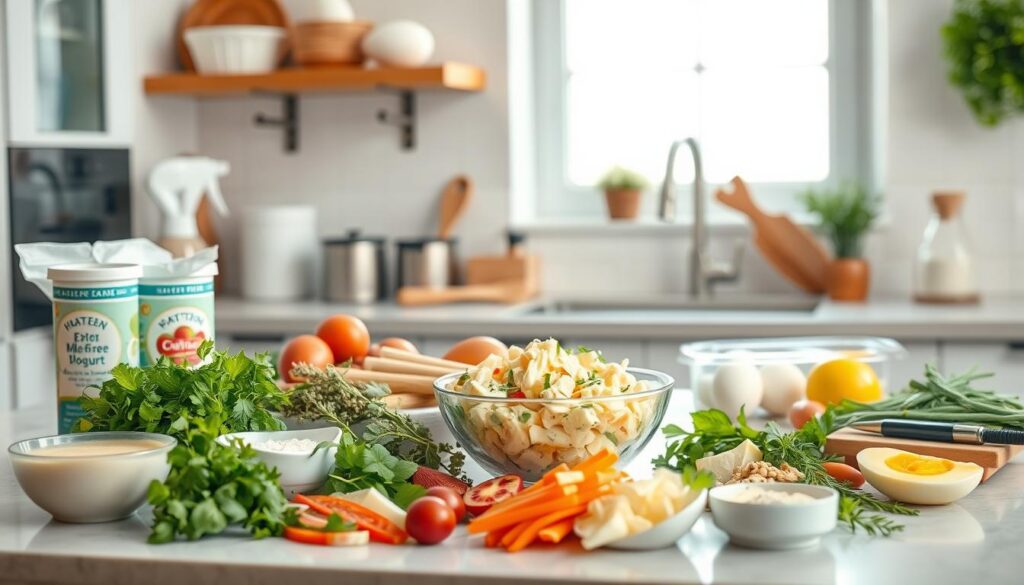 A clean, well-lit kitchen counter with an array of ingredients and kitchen tools for preparing a healthy egg salad. In the foreground, a variety of dietary-friendly ingredients such as gluten-free bread, dairy-free yogurt, and egg substitutes are neatly arranged. In the middle ground, a bowl of freshly-made egg salad is surrounded by a diverse selection of herbs, spices, and garnishes. The background features a bright, airy window, allowing natural light to illuminate the scene and create a warm, inviting atmosphere. The lighting is soft and diffused, highlighting the textures and colors of the ingredients. The overall composition conveys a sense of culinary creativity and thoughtfulness in accommodating various dietary needs. A clean, well-lit kitchen counter with an array of ingredients and kitchen tools for preparing a healthy egg salad. In the foreground, a variety of dietary-friendly ingredients such as gluten-free bread, dairy-free yogurt, and egg substitutes are neatly arranged. In the middle ground, a bowl of freshly-made egg salad is surrounded by a diverse selection of herbs, spices, and garnishes. The background features a bright, airy window, allowing natural light to illuminate the scene and create a warm, inviting atmosphere. The lighting is soft and diffused, highlighting the textures and colors of the ingredients. The overall composition conveys a sense of culinary creativity and thoughtfulness in accommodating various dietary needs.