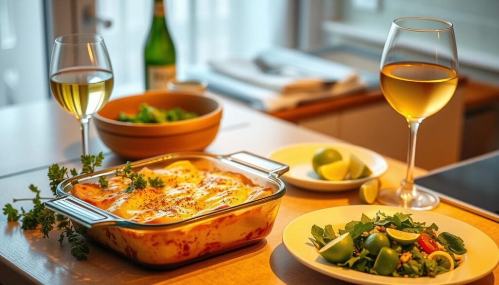 A cozy kitchen counter with a casserole dish, fresh herbs, and a simple salad plate. Warm, natural lighting casts a golden glow across the scene. The casserole dish steams with melted cheese and spices, inviting the viewer to dig in. A glass of white wine and a few sliced limes add a touch of elegance. In the background, a pair of casual place settings hint at a relaxed, intimate dinner. The overall mood is one of comforting home-cooked goodness, perfect for a weeknight meal. A cozy kitchen counter with a casserole dish, fresh herbs, and a simple salad plate. Warm, natural lighting casts a golden glow across the scene. The casserole dish steams with melted cheese and spices, inviting the viewer to dig in. A glass of white wine and a few sliced limes add a touch of elegance. In the background, a pair of casual place settings hint at a relaxed, intimate dinner. The overall mood is one of comforting home-cooked goodness, perfect for a weeknight meal.