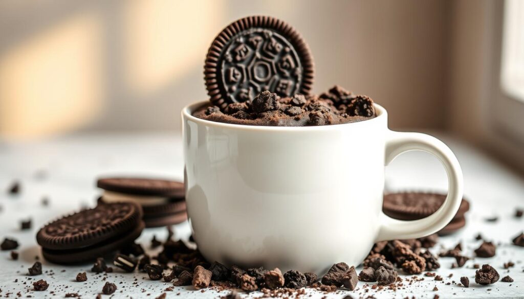 A delectable Oreo mug cake takes center stage, its rich chocolate sponge dotted with crumbled Oreo cookies. Soft lighting from above casts a warm, cozy glow, highlighting the cake's inviting texture. The mug, a simple white ceramic, complements the dark chocolate hues. Crushed Oreo crumbs spill artfully around the base, adding a touch of rustic charm. A single Oreo cookie perches atop the cake, its signature pattern visible. The overall scene evokes a sense of indulgence and celebration, perfect for a special occasion treat. A delectable Oreo mug cake takes center stage, its rich chocolate sponge dotted with crumbled Oreo cookies. Soft lighting from above casts a warm, cozy glow, highlighting the cake's inviting texture. The mug, a simple white ceramic, complements the dark chocolate hues. Crushed Oreo crumbs spill artfully around the base, adding a touch of rustic charm. A single Oreo cookie perches atop the cake, its signature pattern visible. The overall scene evokes a sense of indulgence and celebration, perfect for a special occasion treat.