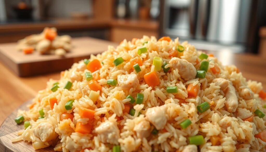 A delectable chicken fried rice dish, captured in a warm, inviting photograph. In the foreground, a generous serving of the aromatic rice, flecked with tender pieces of chicken, diced carrots, peas, and scallions. The rice glistens under the soft, diffused lighting, hinting at its fluffy texture. In the middle ground, a wooden table or cutting board provides a rustic backdrop, complementing the homemade feel of the dish. The background is blurred, suggesting a cozy kitchen environment, with hints of stainless steel appliances and warm-toned walls. The overall composition and lighting create a mouthwatering, comforting atmosphere, perfectly reflecting the "Ultimate Chicken Fried Rice Recipe." A delectable chicken fried rice dish, captured in a warm, inviting photograph. In the foreground, a generous serving of the aromatic rice, flecked with tender pieces of chicken, diced carrots, peas, and scallions. The rice glistens under the soft, diffused lighting, hinting at its fluffy texture. In the middle ground, a wooden table or cutting board provides a rustic backdrop, complementing the homemade feel of the dish. The background is blurred, suggesting a cozy kitchen environment, with hints of stainless steel appliances and warm-toned walls. The overall composition and lighting create a mouthwatering, comforting atmosphere, perfectly reflecting the "Ultimate Chicken Fried Rice Recipe."
