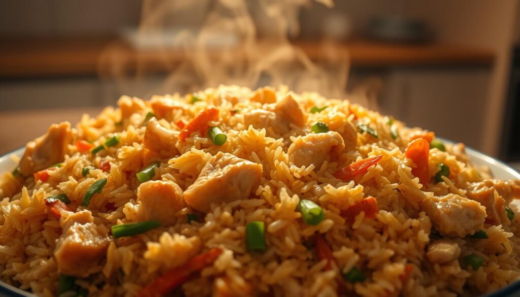 A delectable spread of steaming chicken fried rice, illuminated by warm, golden lighting. In the foreground, tender chunks of juicy chicken, stir-fried to perfection, intermingle with fluffy long-grain rice and vibrant vegetables like carrot, peas, and scallions. The middle ground features an enticing sizzle, captured mid-motion, as the rice and ingredients meld together in a savory symphony. The background showcases a clean, minimalist kitchen counter, allowing the vibrant dish to take center stage. The overall scene exudes a comforting, homemade atmosphere, inviting the viewer to savor every bite of this classic comfort food. A delectable spread of steaming chicken fried rice, illuminated by warm, golden lighting. In the foreground, tender chunks of juicy chicken, stir-fried to perfection, intermingle with fluffy long-grain rice and vibrant vegetables like carrot, peas, and scallions. The middle ground features an enticing sizzle, captured mid-motion, as the rice and ingredients meld together in a savory symphony. The background showcases a clean, minimalist kitchen counter, allowing the vibrant dish to take center stage. The overall scene exudes a comforting, homemade atmosphere, inviting the viewer to savor every bite of this classic comfort food.