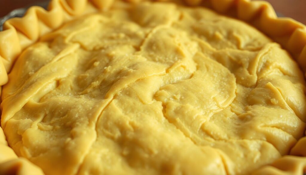 A flaky, golden-brown pie crust filling the frame, its surface glistening with a light sheen. The crust is heavily textured, with intricate patterns of overlapping layers that suggest a skilled hand in the rolling and folding. The edges are neatly crimped, creating a decorative border. The lighting is warm and slightly soft, casting gentle shadows that accentuate the crust's contours. The background is blurred, keeping the focus entirely on the savory pastry. The overall mood is one of artisanal craftsmanship and culinary excellence, inviting the viewer to imagine the delicious filling within. A flaky, golden-brown pie crust filling the frame, its surface glistening with a light sheen. The crust is heavily textured, with intricate patterns of overlapping layers that suggest a skilled hand in the rolling and folding. The edges are neatly crimped, creating a decorative border. The lighting is warm and slightly soft, casting gentle shadows that accentuate the crust's contours. The background is blurred, keeping the focus entirely on the savory pastry. The overall mood is one of artisanal craftsmanship and culinary excellence, inviting the viewer to imagine the delicious filling within.