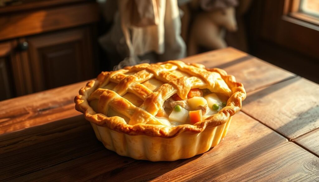 A golden, flaky homemade chicken pot pie sits steaming on a rustic wooden table, fresh out of the oven. The crust is perfectly browned, the edges crimped to perfection. Peeking through the lattice top, you can see tender chunks of chicken, potatoes, carrots, and peas in a rich, creamy sauce. Warm lighting from a nearby window casts a cozy glow, casting shadows that accentuate the pie's homemade texture. The scene evokes the welcoming aromas of a comforting, from-scratch meal, ready to be served and savored. A golden, flaky homemade chicken pot pie sits steaming on a rustic wooden table, fresh out of the oven. The crust is perfectly browned, the edges crimped to perfection. Peeking through the lattice top, you can see tender chunks of chicken, potatoes, carrots, and peas in a rich, creamy sauce. Warm lighting from a nearby window casts a cozy glow, casting shadows that accentuate the pie's homemade texture. The scene evokes the welcoming aromas of a comforting, from-scratch meal, ready to be served and savored.