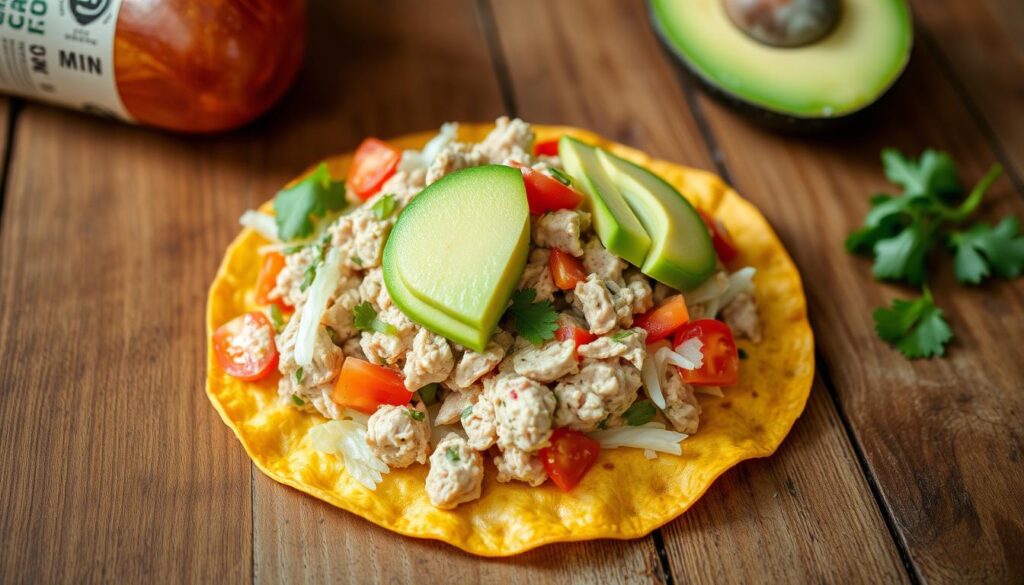 A homemade tuna tostada with a crisp, golden-brown tortilla base, topped with flavorful tuna salad, diced tomatoes, shredded lettuce, and a dollop of creamy avocado. The tostada is captured in a slightly overhead angle, with natural lighting illuminating the vibrant colors and textures. The background features a rustic wooden table, complemented by a simple, uncluttered setting that allows the dish to take center stage. The overall mood is one of simplicity, freshness, and the comforting appeal of a homemade meal. A homemade tuna tostada with a crisp, golden-brown tortilla base, topped with flavorful tuna salad, diced tomatoes, shredded lettuce, and a dollop of creamy avocado. The tostada is captured in a slightly overhead angle, with natural lighting illuminating the vibrant colors and textures. The background features a rustic wooden table, complemented by a simple, uncluttered setting that allows the dish to take center stage. The overall mood is one of simplicity, freshness, and the comforting appeal of a homemade meal.