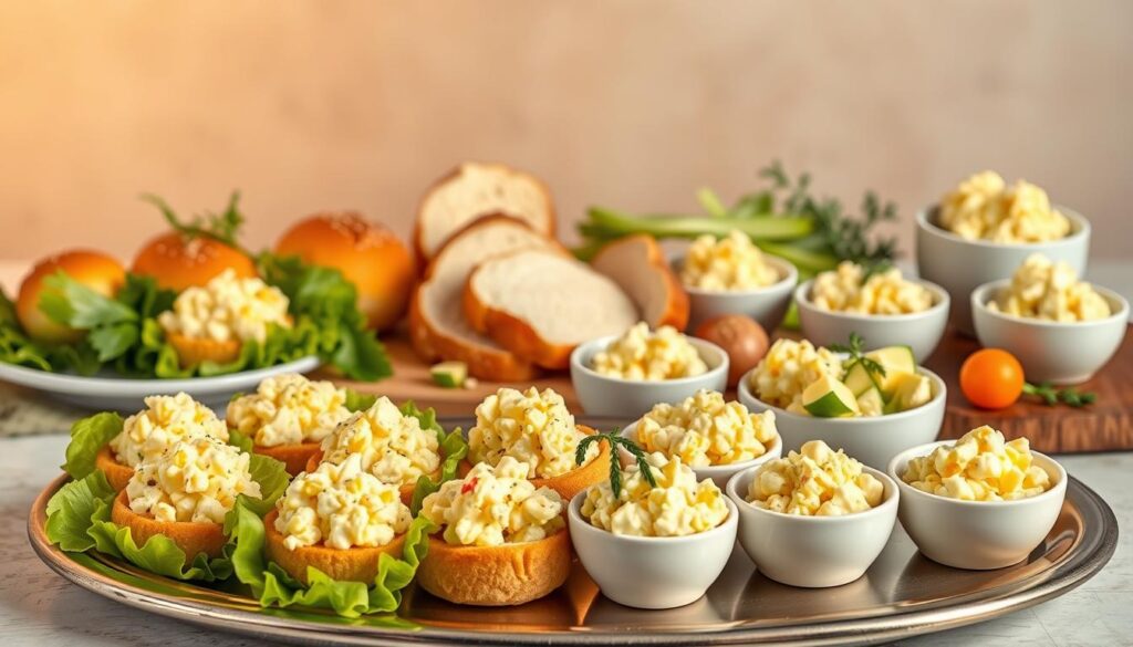A meticulously arranged still life showcasing a variety of delectable egg salad preparations. In the foreground, a platter displays an assortment of egg salad recipes, each with its own distinct flavor profile and presentation. Fluffy, creamy egg salad is spooned into miniature brioche buns, nestled atop crisp lettuce leaves, and served in delicate porcelain ramekins. In the middle ground, sliced breads, crisp vegetables, and aromatic herbs add texture and color. Warm, golden lighting casts a soft glow, highlighting the subtle nuances of each egg salad variation. The background features a neutral, subtly textured surface, allowing the vibrant egg salad dishes to take center stage. An inviting, mouthwatering scene that captures the essence of "Popular Egg Salad Variations". A meticulously arranged still life showcasing a variety of delectable egg salad preparations. In the foreground, a platter displays an assortment of egg salad recipes, each with its own distinct flavor profile and presentation. Fluffy, creamy egg salad is spooned into miniature brioche buns, nestled atop crisp lettuce leaves, and served in delicate porcelain ramekins. In the middle ground, sliced breads, crisp vegetables, and aromatic herbs add texture and color. Warm, golden lighting casts a soft glow, highlighting the subtle nuances of each egg salad variation. The background features a neutral, subtly textured surface, allowing the vibrant egg salad dishes to take center stage. An inviting, mouthwatering scene that captures the essence of "Popular Egg Salad Variations".