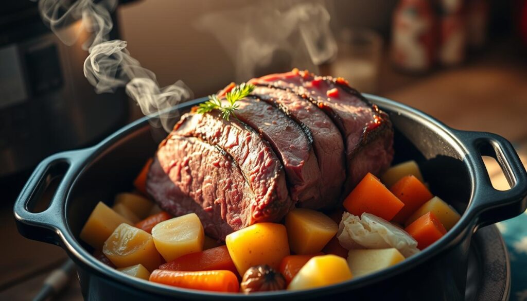 A rustic Instant Pot scene of an Irish dinner, with a succulent corned beef surrounded by vibrant vegetables. The beef sits atop a bed of tender potatoes, carrots, and cabbage, their colors popping against the dark, enameled pot. Gentle steam rises, creating a cozy, homey atmosphere. Warm, natural lighting illuminates the scene from the side, casting soft shadows and highlighting the textures of the ingredients. The composition is balanced, with the corned beef as the focal point, surrounded by the supporting cast of vegetables. An inviting, comforting scene, ready to be served. A rustic Instant Pot scene of an Irish dinner, with a succulent corned beef surrounded by vibrant vegetables. The beef sits atop a bed of tender potatoes, carrots, and cabbage, their colors popping against the dark, enameled pot. Gentle steam rises, creating a cozy, homey atmosphere. Warm, natural lighting illuminates the scene from the side, casting soft shadows and highlighting the textures of the ingredients. The composition is balanced, with the corned beef as the focal point, surrounded by the supporting cast of vegetables. An inviting, comforting scene, ready to be served.