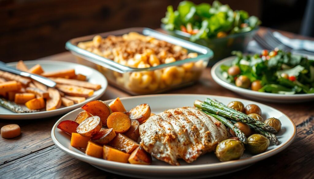 A rustic wooden table set with a variety of mouthwatering side dishes to accompany a perfectly baked chicken breast. In the foreground, a vibrant array of roasted vegetables, such as golden-brown sweet potatoes, tender asparagus spears, and caramelized Brussels sprouts, arranged in a visually appealing manner. In the middle ground, a creamy, golden-hued mac and cheese casserole, dotted with crispy breadcrumbs. In the background, a fresh green salad with a tangy vinaigrette dressing, adding a refreshing contrast to the rich and savory components. The scene is bathed in soft, warm lighting, creating a cozy and inviting atmosphere, perfect for enjoying a delicious and well-rounded meal. A rustic wooden table set with a variety of mouthwatering side dishes to accompany a perfectly baked chicken breast. In the foreground, a vibrant array of roasted vegetables, such as golden-brown sweet potatoes, tender asparagus spears, and caramelized Brussels sprouts, arranged in a visually appealing manner. In the middle ground, a creamy, golden-hued mac and cheese casserole, dotted with crispy breadcrumbs. In the background, a fresh green salad with a tangy vinaigrette dressing, adding a refreshing contrast to the rich and savory components. The scene is bathed in soft, warm lighting, creating a cozy and inviting atmosphere, perfect for enjoying a delicious and well-rounded meal.