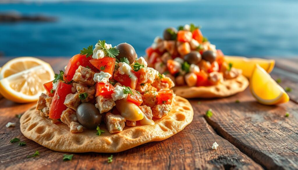 A tantalizing Mediterranean tuna tostada, artfully presented on a rustic wooden surface. In the foreground, a crisp, golden-brown tostada shell is crowned with a generous mound of fresh tuna salad, made with chunks of albacore tuna, diced tomatoes, crumbled feta, and a vibrant blend of herbs and spices. The tostada is garnished with sliced Kalamata olives, a drizzle of creamy garlic-herb dressing, and a sprinkle of chopped parsley, creating a harmonious interplay of flavors and textures. The middle ground showcases a scattering of fresh lemon wedges, casting a warm, golden glow over the scene. In the background, a subtle Mediterranean landscape unfolds, with glimpses of azure blue skies and the distant shoreline. The overall mood is one of fresh, Mediterranean-inspired delight, inviting the viewer to savor the delicious variations of this tuna tostada creation. A tantalizing Mediterranean tuna tostada, artfully presented on a rustic wooden surface. In the foreground, a crisp, golden-brown tostada shell is crowned with a generous mound of fresh tuna salad, made with chunks of albacore tuna, diced tomatoes, crumbled feta, and a vibrant blend of herbs and spices. The tostada is garnished with sliced Kalamata olives, a drizzle of creamy garlic-herb dressing, and a sprinkle of chopped parsley, creating a harmonious interplay of flavors and textures. The middle ground showcases a scattering of fresh lemon wedges, casting a warm, golden glow over the scene. In the background, a subtle Mediterranean landscape unfolds, with glimpses of azure blue skies and the distant shoreline. The overall mood is one of fresh, Mediterranean-inspired delight, inviting the viewer to savor the delicious variations of this tuna tostada creation.