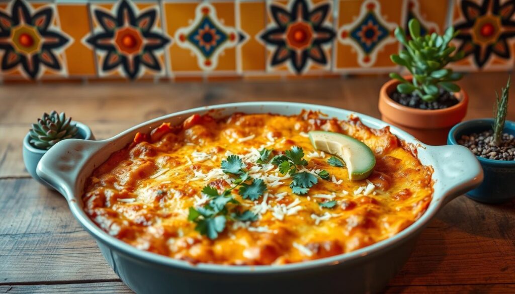 A vibrant and appetizing 5-ingredient Mexican casserole, baked to perfection, is the centerpiece of the frame. The casserole dish is placed on a rustic wooden table, adorned with fresh cilantro sprigs, sliced avocado, and a sprinkle of shredded Mexican cheese. Warm, indirect lighting casts a cozy glow, highlighting the casserole's bubbly, golden-brown surface. In the background, a vibrant Mexican tile backsplash adds a touch of cultural flair, while a small potted succulent plant completes the scene, creating a homey, inviting atmosphere. A vibrant and appetizing 5-ingredient Mexican casserole, baked to perfection, is the centerpiece of the frame. The casserole dish is placed on a rustic wooden table, adorned with fresh cilantro sprigs, sliced avocado, and a sprinkle of shredded Mexican cheese. Warm, indirect lighting casts a cozy glow, highlighting the casserole's bubbly, golden-brown surface. In the background, a vibrant Mexican tile backsplash adds a touch of cultural flair, while a small potted succulent plant completes the scene, creating a homey, inviting atmosphere.