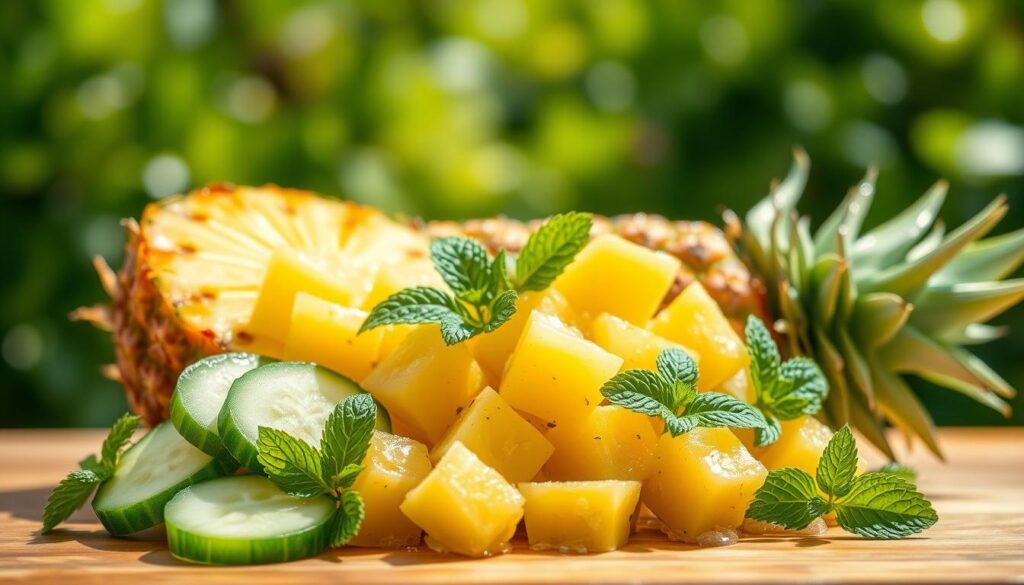 A vibrant, sun-drenched still life depicting a refreshing summer pineapple and cucumber salad. In the foreground, crisp cucumber slices are arranged artfully, their emerald hues complemented by the golden, juicy pineapple chunks nestled between them. The middle ground features a scattering of fresh mint leaves, their bright green accents adding a touch of liveliness. In the background, a soft, hazy blur suggests a lush, verdant backdrop, evoking the essence of a summer garden. The lighting is soft and natural, casting gentle shadows that enhance the dimensional textures of the ingredients. The overall composition exudes a sense of seasonal abundance and refreshing simplicity, perfectly capturing the essence of "Seasonal Adaptations for Year-Round Enjoyment". A vibrant, sun-drenched still life depicting a refreshing summer pineapple and cucumber salad. In the foreground, crisp cucumber slices are arranged artfully, their emerald hues complemented by the golden, juicy pineapple chunks nestled between them. The middle ground features a scattering of fresh mint leaves, their bright green accents adding a touch of liveliness. In the background, a soft, hazy blur suggests a lush, verdant backdrop, evoking the essence of a summer garden. The lighting is soft and natural, casting gentle shadows that enhance the dimensional textures of the ingredients. The overall composition exudes a sense of seasonal abundance and refreshing simplicity, perfectly capturing the essence of "Seasonal Adaptations for Year-Round Enjoyment".