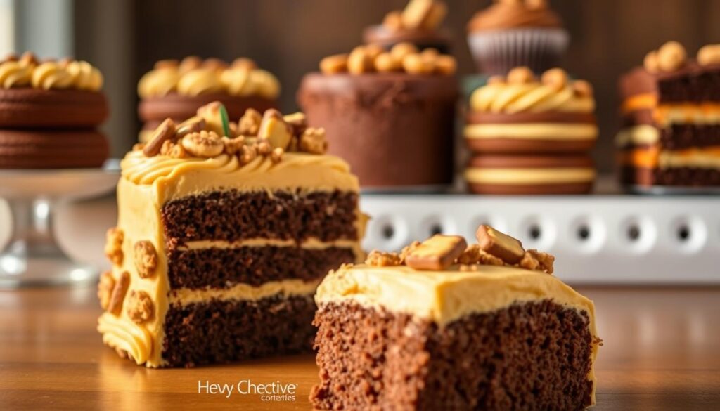 A visually enticing display of decadent Butterfinger cake variations. In the foreground, a slice of moist chocolate cake topped with a generous layer of creamy Butterfinger frosting, accented by crunchy Butterfinger candy pieces. In the middle ground, a full Butterfinger cake, its intricate layers showcasing the harmony of rich chocolate and the iconic Butterfinger flavor. The background features an array of creative Butterfinger cake renditions, from cupcakes to layered slices, each exhibiting a unique twist on the classic. Warm, golden lighting casts a welcoming glow, while a shallow depth of field emphasizes the inviting textures and mouthwatering details. The overall scene radiates an air of indulgence and culinary artistry, perfectly capturing the essence of "Creative Variations of Butterfinger Cake". A visually enticing display of decadent Butterfinger cake variations. In the foreground, a slice of moist chocolate cake topped with a generous layer of creamy Butterfinger frosting, accented by crunchy Butterfinger candy pieces. In the middle ground, a full Butterfinger cake, its intricate layers showcasing the harmony of rich chocolate and the iconic Butterfinger flavor. The background features an array of creative Butterfinger cake renditions, from cupcakes to layered slices, each exhibiting a unique twist on the classic. Warm, golden lighting casts a welcoming glow, while a shallow depth of field emphasizes the inviting textures and mouthwatering details. The overall scene radiates an air of indulgence and culinary artistry, perfectly capturing the essence of "Creative Variations of Butterfinger Cake".