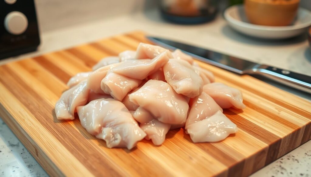 A well-lit kitchen counter, with a wooden cutting board in the foreground. Atop the board, a pile of boneless, skinless chicken thighs, their raw, pale hues contrasting with the warm, earthy tones of the wood. Nearby, a sharp chef's knife rests, ready to slice and prepare the tender meat. The background is softly blurred, allowing the viewer to focus on the task at hand - the careful, methodical preparation of these versatile chicken pieces, soon to be transformed into a delicious, easy weeknight meal. A well-lit kitchen counter, with a wooden cutting board in the foreground. Atop the board, a pile of boneless, skinless chicken thighs, their raw, pale hues contrasting with the warm, earthy tones of the wood. Nearby, a sharp chef's knife rests, ready to slice and prepare the tender meat. The background is softly blurred, allowing the viewer to focus on the task at hand - the careful, methodical preparation of these versatile chicken pieces, soon to be transformed into a delicious, easy weeknight meal.