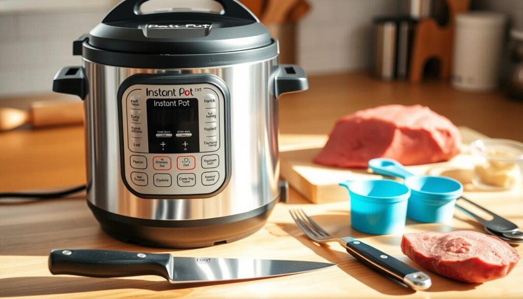 An Instant Pot placed on a wooden kitchen counter, its stainless steel exterior gleaming under soft, natural lighting. Nearby, various corned beef preparation tools are neatly arranged - a sharp carving knife, a meat fork, and a set of measuring cups. The background is slightly blurred, emphasizing the Instant Pot and its accompanying equipment. The overall scene conveys a sense of culinary efficiency and organization, setting the stage for a delicious corned beef dish. An Instant Pot placed on a wooden kitchen counter, its stainless steel exterior gleaming under soft, natural lighting. Nearby, various corned beef preparation tools are neatly arranged - a sharp carving knife, a meat fork, and a set of measuring cups. The background is slightly blurred, emphasizing the Instant Pot and its accompanying equipment. The overall scene conveys a sense of culinary efficiency and organization, setting the stage for a delicious corned beef dish.