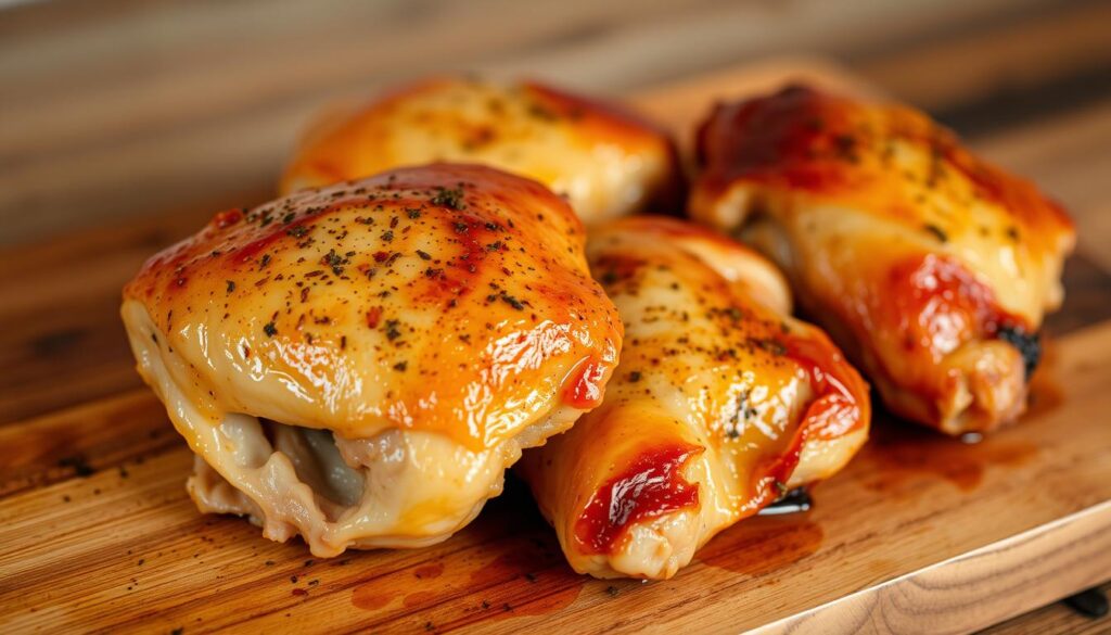Freshly baked chicken thighs, golden-brown and glistening, resting on a rustic wooden cutting board. The skin is crisp and inviting, while the meat beneath is tender and juicy. Warm lighting casts a soft, cozy glow, highlighting the delicate seasoning blend of herbs and spices. The scene evokes a sense of home-cooked comfort, perfect for highlighting storage and reheating tips for this easy weeknight recipe. Freshly baked chicken thighs, golden-brown and glistening, resting on a rustic wooden cutting board. The skin is crisp and inviting, while the meat beneath is tender and juicy. Warm lighting casts a soft, cozy glow, highlighting the delicate seasoning blend of herbs and spices. The scene evokes a sense of home-cooked comfort, perfect for highlighting storage and reheating tips for this easy weeknight recipe.
