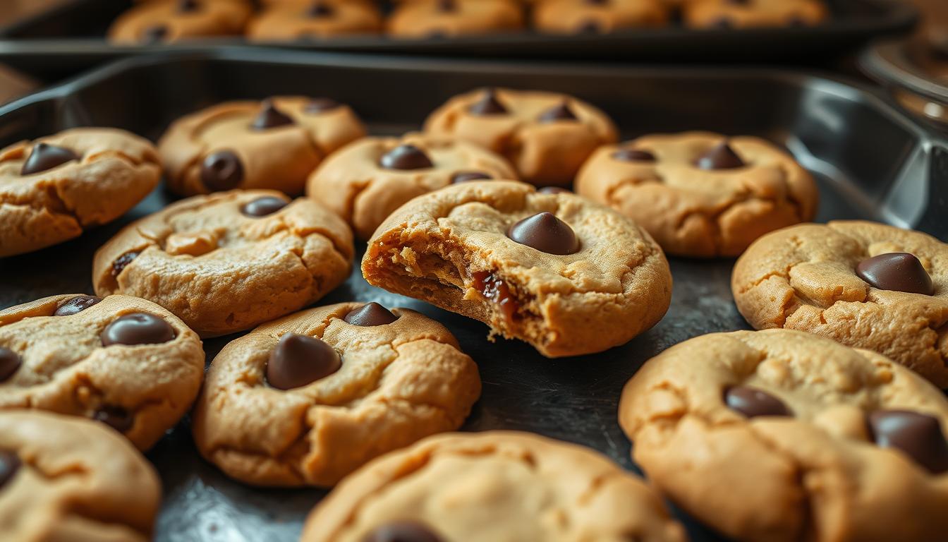 Soft and chewy peanut butter cookies, fresh from the oven, with a glistening golden-brown surface and inviting pockets of melted chocolate chips. A tray of these homemade delights sits on a rustic wooden table, bathed in warm, diffused lighting that highlights their comforting, homemade aesthetic. The cookies are arranged in an artful, yet casual manner, some slightly cracked to reveal their tender, crumb-like interior. The aroma of toasted peanuts and vanilla wafts through the air, beckoning the viewer to reach out and savor one of these irresistible treats.