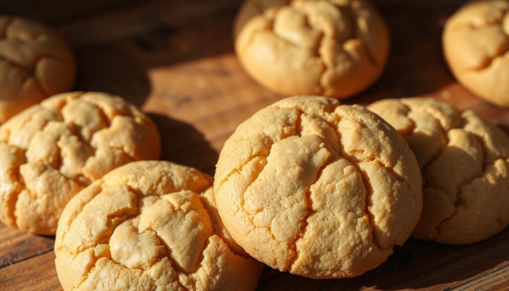 Soft, pillowy peanut butter cookies freshly baked on a warm, rustic wooden table. The cookies have a golden-brown exterior with subtle cracks revealing a moist, tender interior. Gentle shadows cast by the overhead natural lighting create a cozy, homemade atmosphere. Close-up view, capturing the delicate texture of the cookies and the irresistible sheen of the peanut butter. Warm, inviting tones with hints of amber and caramel. Minimal background, allowing the cookies to be the star of the scene. Soft, pillowy peanut butter cookies freshly baked on a warm, rustic wooden table. The cookies have a golden-brown exterior with subtle cracks revealing a moist, tender interior. Gentle shadows cast by the overhead natural lighting create a cozy, homemade atmosphere. Close-up view, capturing the delicate texture of the cookies and the irresistible sheen of the peanut butter. Warm, inviting tones with hints of amber and caramel. Minimal background, allowing the cookies to be the star of the scene.
